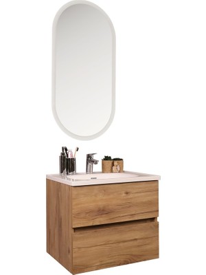 Kobos Simple 60 cm Çekmeceli Banyo Dolabı Seti Light Walnut