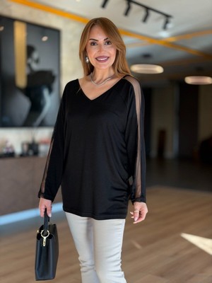 Qimya Butik Şans Life Kadın Ön & Arka V Yaka Uzun Kolu Tüllü Sırtı Kuş Işlemeli Bluz