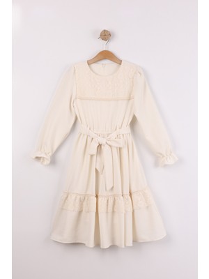 Joy Kids Kız Çocuk Bağlamalı Lüx Elbise (10-13YAŞ) (Ekru-Bej)