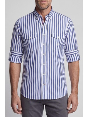 Bisse Regular Fit Paşa Yaka Çift Cep Apoletli Çizgili Pamuk Lacivert Erkek Gömlek GM23Y231121_C39