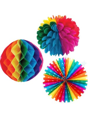 Pandoli Karışık Renk Kağıt Ponpon Süs Yelpaze Süs ve Petek Süs 40 cm 3 Lü Set Retro Hawai