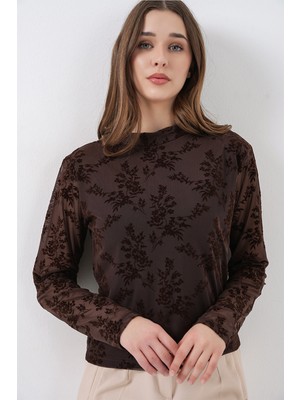 Bigdart Kadın Desenli Uzun Kol Bluz 983 - Kahverengi