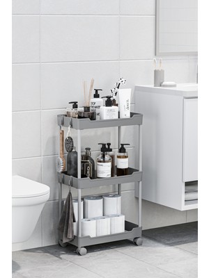 Gri 3 Katlı Tekerlekli Düzenleyici Mutfak ve Banyo Rafı Vesken