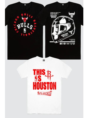 Rock&Roll Bulls Basket, Rockets Basket Beyaz, Chicago Racing Siyah 3'lü Erkek Tshirt Eko Paket