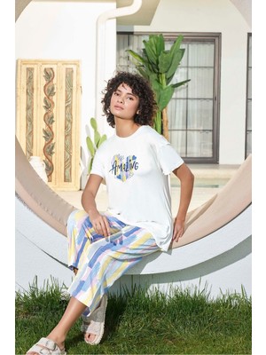 Lodos Store Aydoğan Kadın Kısa Kollu Kapri Bermuda Yazlık Viskon Pijama Takımı
