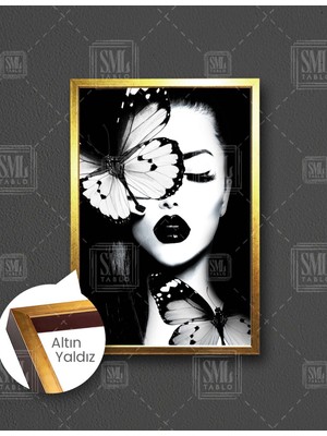 SML Tablo Kelebek Yüzlü Kadın Duchess Of The Butterflıes Dikey Çerçeveli Kanvas Tablo