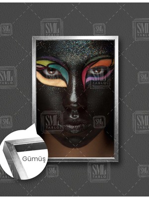 SML Tablo Etnik Makyaj Afrikalı Kadın Renkli Sürme Göz Dikey Çerçeveli Kanvas Tablo
