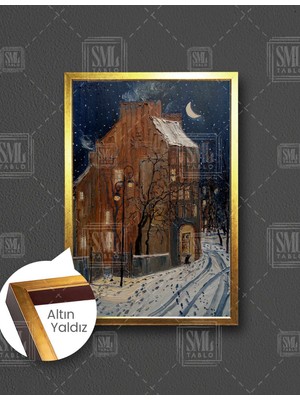SML Tablo Ay Işığı Altındaki Şehir Manzarası Sokak Lambası Karda Ayak Izleri Kış Dikey Çerçeveli Kanvas Tablo