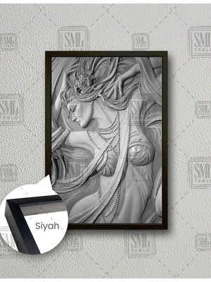 SML Tablo Gözleri Kapalı İnci Kolyeli Mermer Kadın Sanat Dekor Dikey Çerçeveli Kanvas Tablo