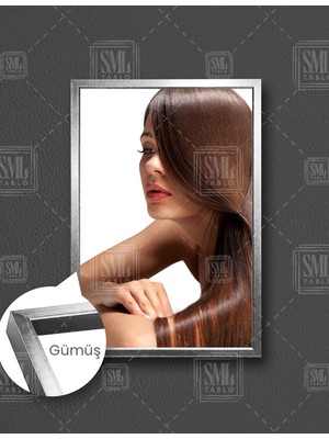 SML Tablo Kahverengi Uzun Saçlı Kırmızı Rujlu Kadın Koaför Makyaj Dekor Dikey Çerçeveli Kanvas Tablo