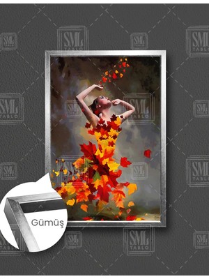 SML Tablo Yaprakları Uçuşan Doğa Kadın Sonbahar Woman Manzara Dikey Çerçeveli Kanvas Tablo