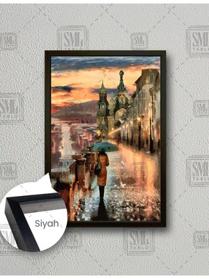 SML Tablo Sokakta Yürüyen Şemsiyeli Kadın Soyut Şehir Sanat Dekor Dikey Çerçeveli Kanvas Tablo