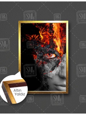 SML Tablo Ateş Kafalı Yanan Mermer Insan Dekor Art Dikey Çerçeveli Kanvas Tablo