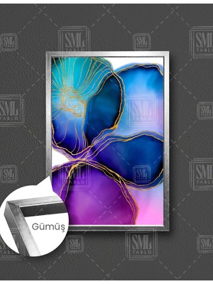 SML Tablo Altın Dokulu Mavi Mor Çiçek Dikey Çerçeveli Kanvas Tablo