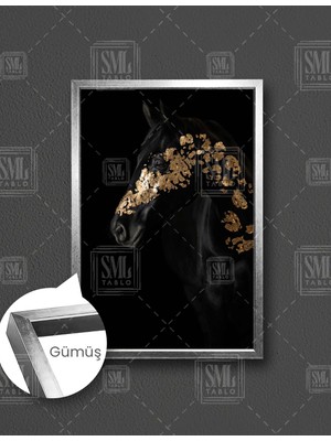 SML Tablo Altın Işlemeli Siyah At Kafası Asalet Gold Dekor Dikey Çerçeveli Kanvas Tablo