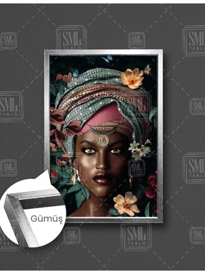 SML Tablo Renkli Çiçek Eşarplı  Afrikalı Kadın African Woman Dikey Çerçeveli Kanvas Tablo