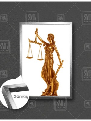 SML Tablo Altın Kadın Heykel Adalet Terazi Dikey Çerçeveli Kanvas Tablo