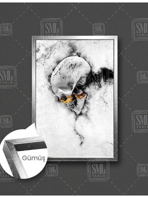 SML Tablo Mermer Üzerinde Çizgisel Kuru Kafa Gold Skull Dekor Dikey Çerçeveli Kanvas Tablo