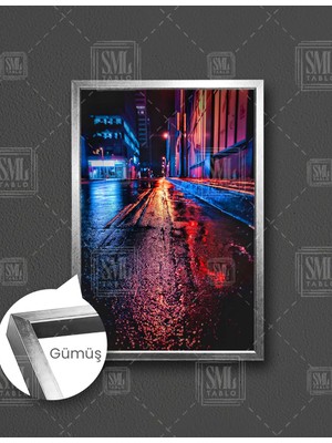 SML Tablo Şehir Sokak Yansıyan Işıklar Gece Dikey Çerçeveli Kanvas Tablo