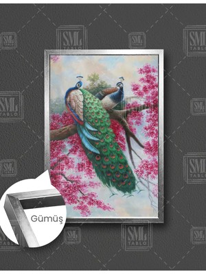 SML Tablo Dala Konmuş Tavus Kuşu Ağaç Manzara Hayvan Doğa Dikey Çerçeveli Kanvas Tablo