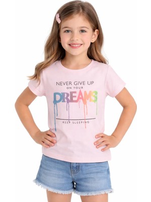 Essu Kız Çocuk Dreams Yazı Desenli Pudra Renk Kısa Kol Tişört
