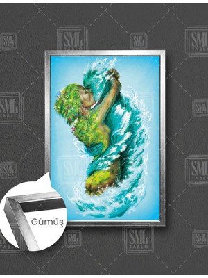 SML Tablo Birbirine Sarılan Doğa Su ve Toprak Ana Aşk Love Dikey Çerçeveli Kanvas Tablo