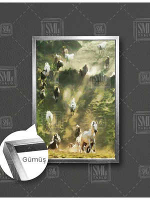 SML Tablo Dağlarda Koşan At Sürüsü Soyut Sanat Doğa Manzara Hayvan Dikey Çerçeveli Kanvas Tablo