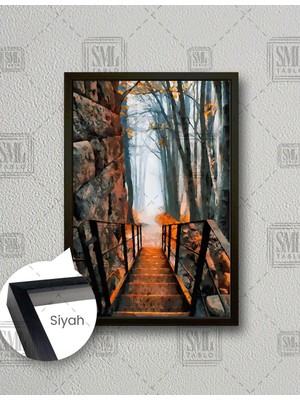 SML Tablo Orman Evi Taş Merdiven Doğa Manzara Art Dikey Çerçeveli Kanvas Tablo