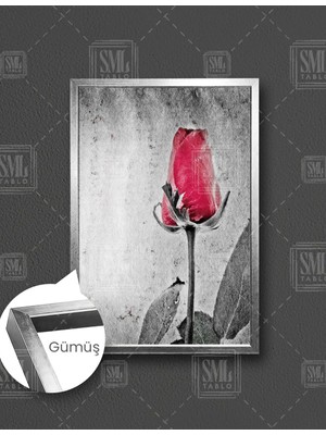 SML Tablo Kırmızı Gonca Gül Çiçek Siyah Gri Dekor Dikey Çerçeveli Kanvas Tablo