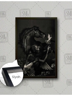 SML Tablo  Kadın Siyah At Asalet Güvercin Melek Angel Dikey Çerçeveli Kanvas Tablo