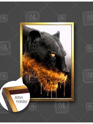 SML Tablo Ağzından Altın Damlalar Akan Puma Vahşi Hayvan Doğa Manzara Dikey Çerçeveli Kanvas Tablo