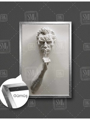 SML Tablo Sus Işareti Yapan Mermer Adam Art Dekor Dikey Çerçeveli Kanvas Tablo