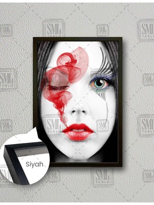 SML Tablo Kırmızı Rujlu Kadın Model Woman Dikey Çerçeveli Kanvas Tablo