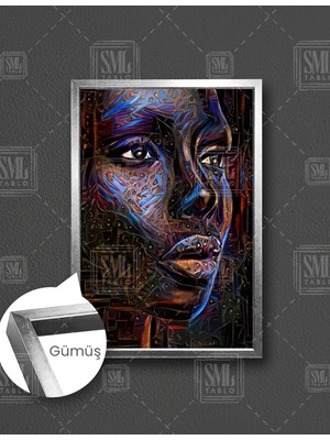 SML Tablo Gözleri Uzaklara Dalmış Afrikalı  Kadın Dijital Sanat Art Dekor Dikey Çerçeveli Kanvas Tablo