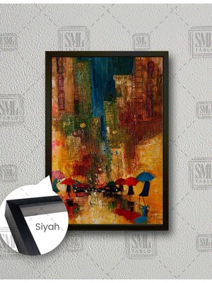 SML Tablo Sokakta Yürüyen Renkli Şemsiyeli Insanlar City Yağlı Boya Efektli Dekor Dikey Çerçeveli Kanvas Tablo