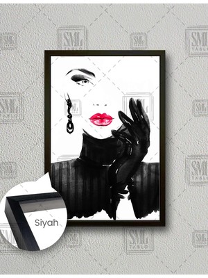 SML Tablo Kırmızı Rujlu Kadın Model Soyut Dikey Çerçeveli Kanvas Tablo