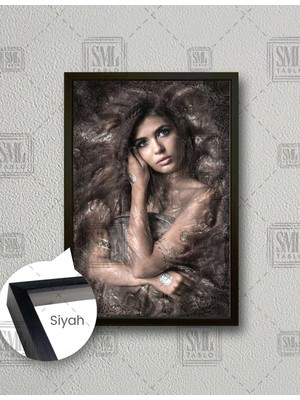 SML Tablo Gümüş Dövmeli Uzun Saçlı Kadın Dokulu Dikey Çerçeveli Kanvas Tablo