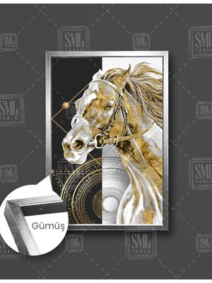 SML Tablo Altın Yeleli Beyaz At Gold Dekorasyon Dikey Çerçeveli Kanvas Tablo