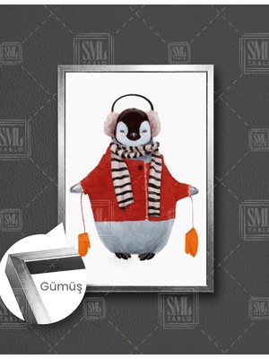 SML Tablo Kırmızı Elniseli Penguen Çizgi Film Karakteri Çocuk Odası Dekor Dikey Çerçeveli Kanvas Tablo