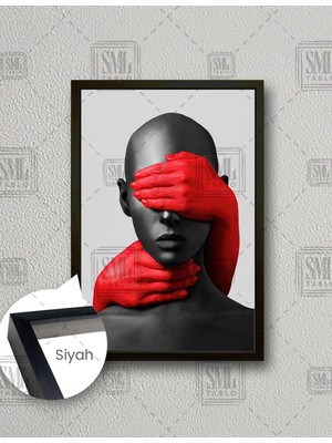 SML Tablo Gözleri Kapalı  Afrikalı Kadın Kırmızı Eldiven Woman Beyaz Zemin Dikey Çerçeveli Kanvas Tablo
