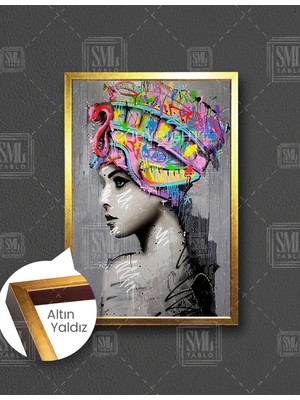 SML Tablo Sokak Sanatı Kadın Çizim Renkli Graffiti Dikey Çerçeveli Kanvas Tablo