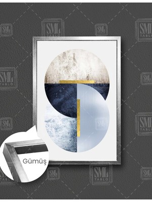 SML Tablo Geometrik Mavi Beyaz Altın Daireler Gold Lüks Dekor Dikey Çerçeveli Kanvas Tablo