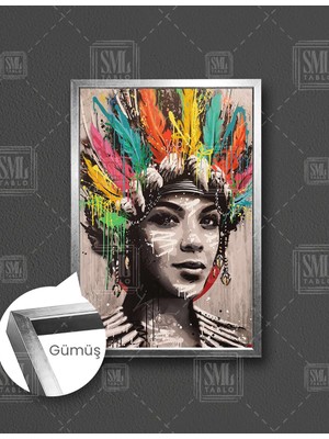 SML Tablo Renkli Tüylü Şapkalı Kadın Sokak Sanatı Art Dikey Çerçeveli Kanvas Tablo
