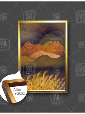 SML Tablo Soyut Doğa Manzara Sazlıklar Altın Renkli Dağlar Dikey Çerçeveli Kanvas Tablo