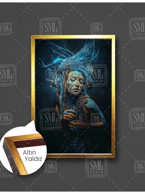 SML Tablo Doğa Saçlı Kadın Mavi Rasta Saçlı Woman Dikey Çerçeveli Kanvas Tablo