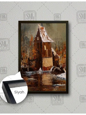 SML Tablo Su Değirmeni Ahşap Ev Yağlı Boya Efektli Manzara Doğa Dekoratif Dikey Çerçeveli Kanvas Tablo