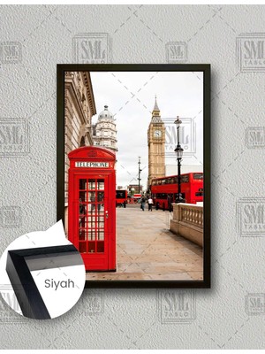 SML Tablo Kırmızı Telefon Kulubesi Saat Kulesi Otobüs Retro Londra Şehir Manzara Dikey Çerçeveli Kanvas Tablo