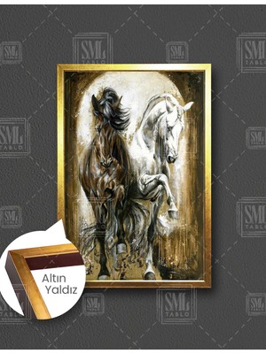 SML Tablo Koşan Kahverengi Beyaz Atlar Asalet Art Dekor Dikey Çerçeveli Kanvas Tablo
