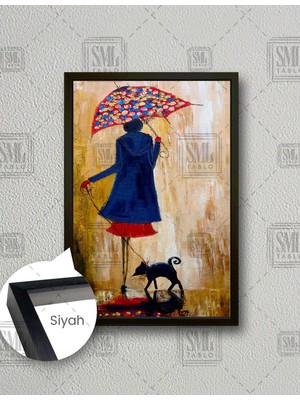 SML Tablo Kırmızı Şemsiyeli Kadın ve Siyah Kedisi Yağlı Boya Yansımaefektli Dikey Çerçeveli Kanvas Tablo