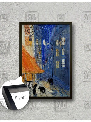 SML Tablo Gece Ay Işığı Altında Sokakta Yürüyen Siyah Kediler Dikey Çerçeveli Kanvas Tablo